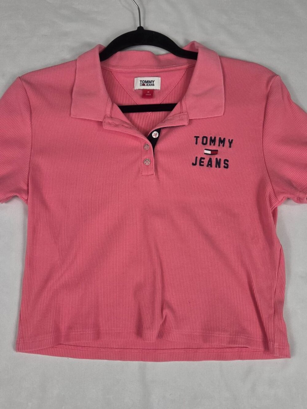 Tommy Jeans Womes Cropped Polo Shirt Medium Pink Short Sleeve Ribbed Knit Top M